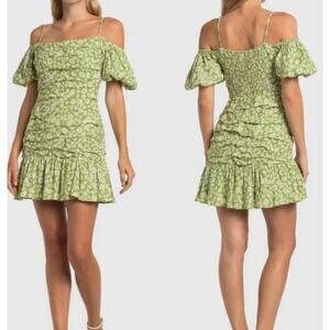 ASTR Womens M Green Ditsy Floral Off Shoulder Puff Sleeve Tiered Mini Dress NEW